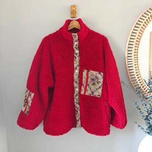 Sandy Liang Boxbox Fleece Teddy Jacket Size S Racing Red Floral Tapestry $625